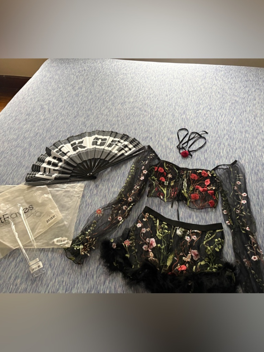 iHeartRaves Black Floral Embroidered Set W/ Flower Choker (SOLD) - Picture 7 of 8